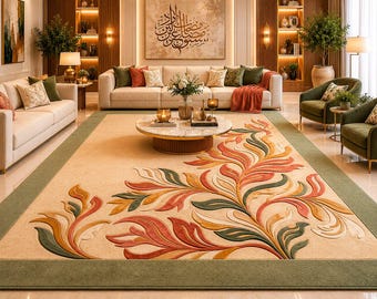 Luxury Hand Tufted Wool Area Rug, Floral Botanical Rug, Beige Green Terracotta Carpet, Modern Handmade Living Room Rug, Designer Statement
