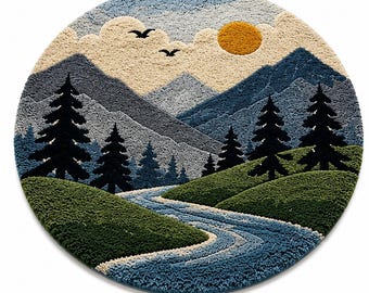 Round Mountain Landscape Rug, Hand Tufted Wool Rug, Nature Scenic Area Rug, Forest River Rug, Custom Round Carpet