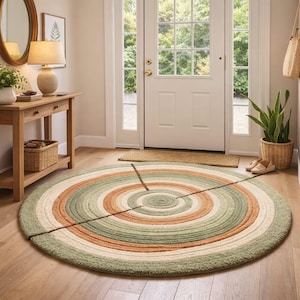 May include: A circular rug featuring concentric rings in green, orange, and cream. The rug has a textured finish and is divided by two dark brown lines. The rug is placed on a wooden floor in a bright entryway.