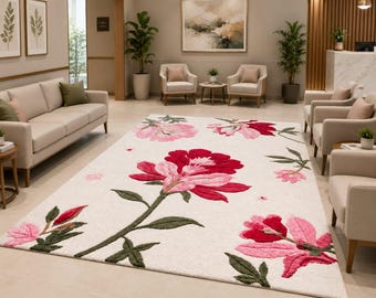 Hand Tufted Floral Wool Area Rug, Pink Red Flower Rug, Botanical Living Room Carpet, Handmade Cut Pile Rug, Luxury Modern Floral Rug
