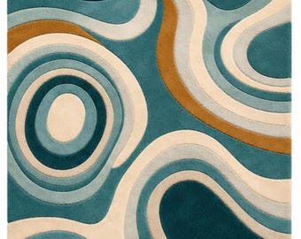 Modern Abstract Hand Tufted Wool Rug, Teal Blue Area Rug, Mid Century Modern Carpet, Geometric Living Room Rug, Custom Handmade Wool Rug