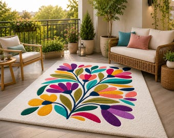 Colorful Floral Hand Tufted Wool Rug, Modern Botanical Area Rug, Contemporary Flower Design Carpet, Artisan Handmade Living Room Rug