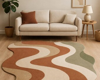 Hand Tufted Abstract Wool Rug, Organic Shape Area Rug, Modern Wavy Design Carpet, Terracotta Sage Green Cream Rug, Contemporary Living Room
