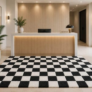 Black White Checkerboard Rug, Hand Tufted Wool Area Rug, Modern Checkered Carpet, Geometric Statement Rug, Contemporary Living Room Decor