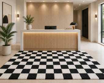 Black White Checkerboard Rug, Hand Tufted Wool Area Rug, Modern Checkered Carpet, Geometric Statement Rug, Contemporary Living Room Decor