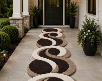 Hand Tufted Abstract Runner Rug, Modern Brown Beige Hallway Rug, Sculpted Organic Wave Design Carpet, Contemporary Entryway Runner