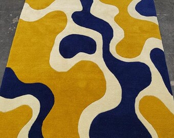 Modern Abstract Hand Tufted Wool Area Rug, Mustard Yellow & Navy Blue Rug, Contemporary Organic Shape Carpet, Luxury Living Room Decor,