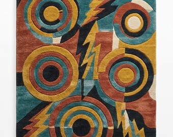 Colorful Geometric Hand Tufted Wool Area Rug, Modern Abstract Circle Rug, Contemporary Living Room Carpet, Designer Statement Rug,