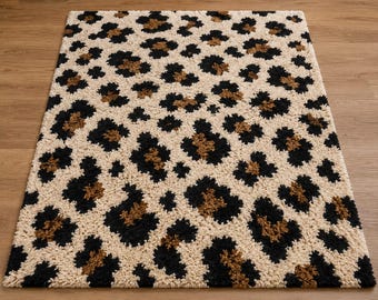 Hand Tufted Leopard Print Wool Rug, Modern Animal Print Area Rug, Luxury Shaggy Wool Carpet, Cream Black Brown Cheetah Pattern Rug