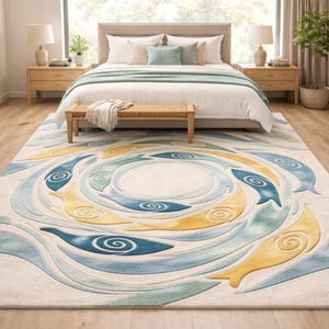 Abstract Ocean Fish Rug | Hand Tufted Artistic Area Carpet | Blue & Yellow Coastal Decor | Modern Sea Life Rug | Custom Handmade Carpet