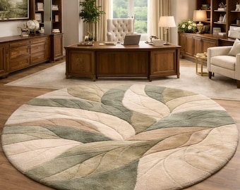 Large Round Leaf Area Rug Sage Green and Beige Botanical Tufted Rug Modern Nature Inspired Bedroom Decor Abstract Leaf Pattern Circular Rug