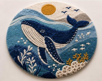 Hand Tufted Whale Rug, Ocean Theme Round Wool Rug, Coastal Nursery Area Rug, Marine Life Rug, Blue Whale Carpet, Kids Room Decor
