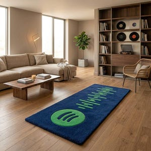 Könnte beinhalten: Ein rechteckiger blauer Teppich mit einem grünen Spotify-Logo und einem grünen Wellenmuster. Der Teppich liegt auf einem Holzboden in einem Wohnzimmer, mit Sofa, Couchtisch und Bücherregal im Hintergrund.