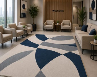 Modern Abstract Hand Tufted Wool Area Rug, Blue Gray Geometric Rug, Contemporary Living Room Carpet, Luxury Handmade Wool Rug