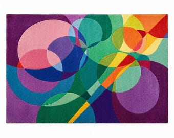 Colorful Geometric Circle Rug, Hand Tufted Wool Area Rug, Modern Abstract Rug, Contemporary Living Room Carpet, Artistic Statement Floor Rug