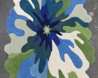 Abstract Floral Hand Tufted Wool Rug, Irregular Shape Area Rug, Blue Green Ivory Modern Rug, Luxury New Zealand Wool Carpet