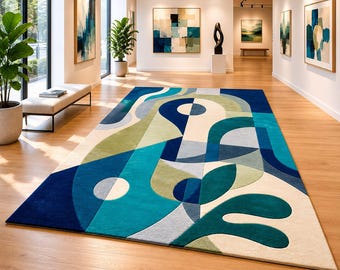 Modern Abstract Hand Tufted Wool Rug, Blue Geometric Area Rug, Contemporary Artistic Carpet, Luxury Living Room Rug, Modern Home Decor