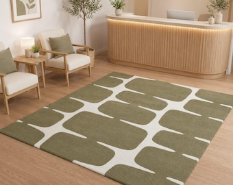 Modern Abstract Hand Tufted Wool Area Rug, Olive Green Geometric Rug, Contemporary Living Room Carpet, Minimalist Designer Floor Rug