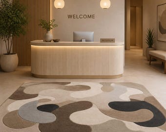Modern Abstract Hand Tufted Wool Rug, Neutral Beige Brown Area Rug, Contemporary Organic Shape Carpet, Luxury Living Room Rug, Designer Wool
