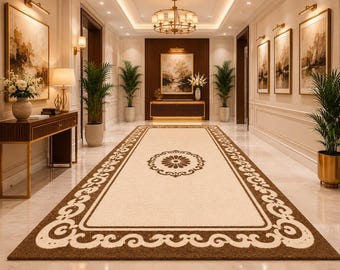 Luxury Hand Tufted Wool Area Rug, Cream Brown Floral Border Rug, Modern Hallway Runner Rug, Elegant Custom Wool Carpet, Living Room Decor