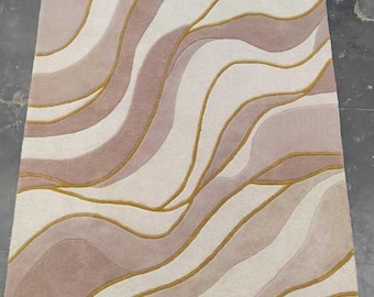 Hand Tufted Wool Area Rug, Modern Abstract Beige Cream Rug, Neutral Luxury Carpet, Custom Handmade Living Room Rug