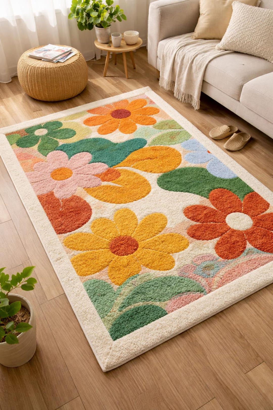 Colorful Floral Tufted Rug, Retro Flower Area Rug, Aesthetic Boho Wool ...