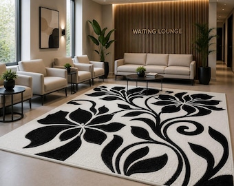 Black White Floral Hand Tufted Wool Rug, Modern Botanical Area Rug, Contemporary Living Room Rug, Luxury Handmade Carpet, Statement Floor