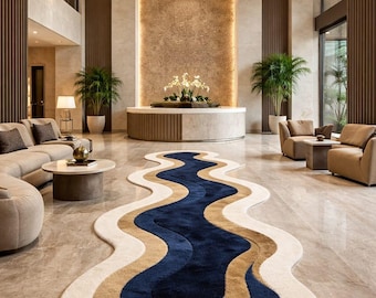Luxury Abstract Hand Tufted Wool Rug, Modern Irregular Shape Carpet, Blue Beige Cream Designer Rug, Contemporary Living Room Area Rug