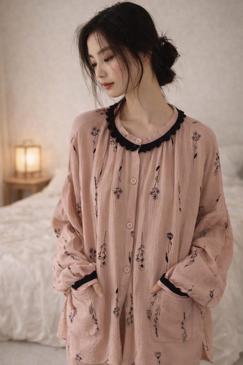 May include: A light pink pajama set with a floral pattern. The long-sleeved top has a black lace trim around the collar and cuffs, and black trim on the pockets. The set is button-down and appears to be made of a soft, lightweight fabric.