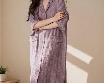 Crinkle Cotton Lounge Dress – Breathable Gauze Nightgown, Loose Fit Long Sleeve Zen Homewear