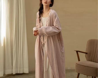 Japanese Kimono Robe & Dress Set, Embroidered Cotton Gauze Robe, Light Pink Long Bathrobe, Oriental Loungewear, Bridal Robe Gift