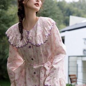 Vintage Style Pajamas for Women Floral Bamboo Cotton Loungewear Nightdress or Pants Set Ruffle Collar Loose Fit Maxi Dress for Spring image 2
