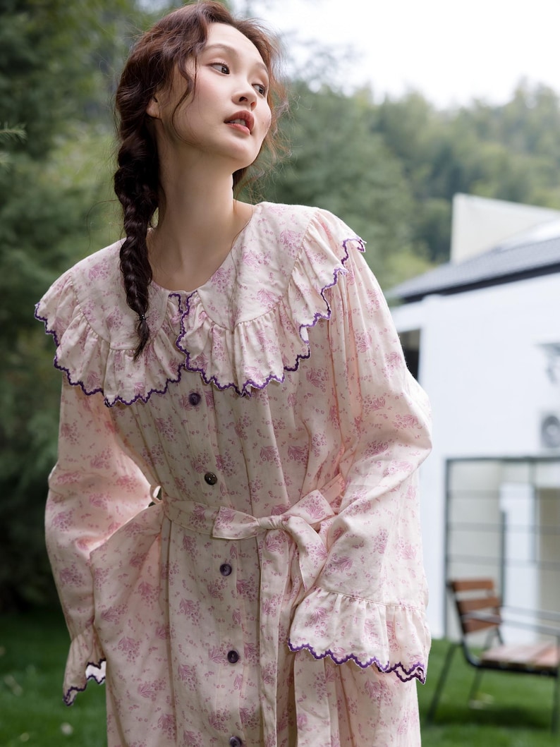 Vintage Style Pajamas for Women Floral Bamboo Cotton Loungewear Nightdress or Pants Set Ruffle Collar Loose Fit Maxi Dress for Spring image 2