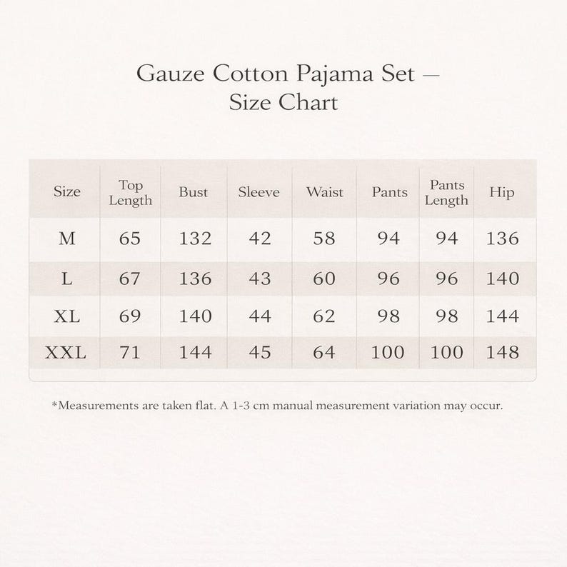 May include: A size chart for a Gauze Cotton Pajama Set. The chart displays measurements for sizes M, L, XL, and XXL. Measurements include top length, bust, sleeve, waist, pants, pants length, and hip, all in centimeters.