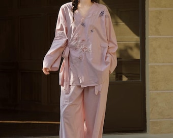 Hand-Embroidered Bamboo Cotton Pajama Set – Pink Kimono Sleepwear