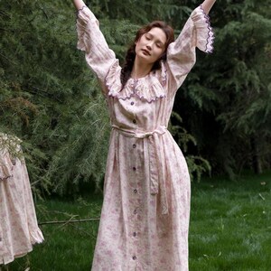 Vintage Style Pajamas for Women Floral Bamboo Cotton Loungewear Nightdress or Pants Set Ruffle Collar Loose Fit Maxi Dress for Spring image 7