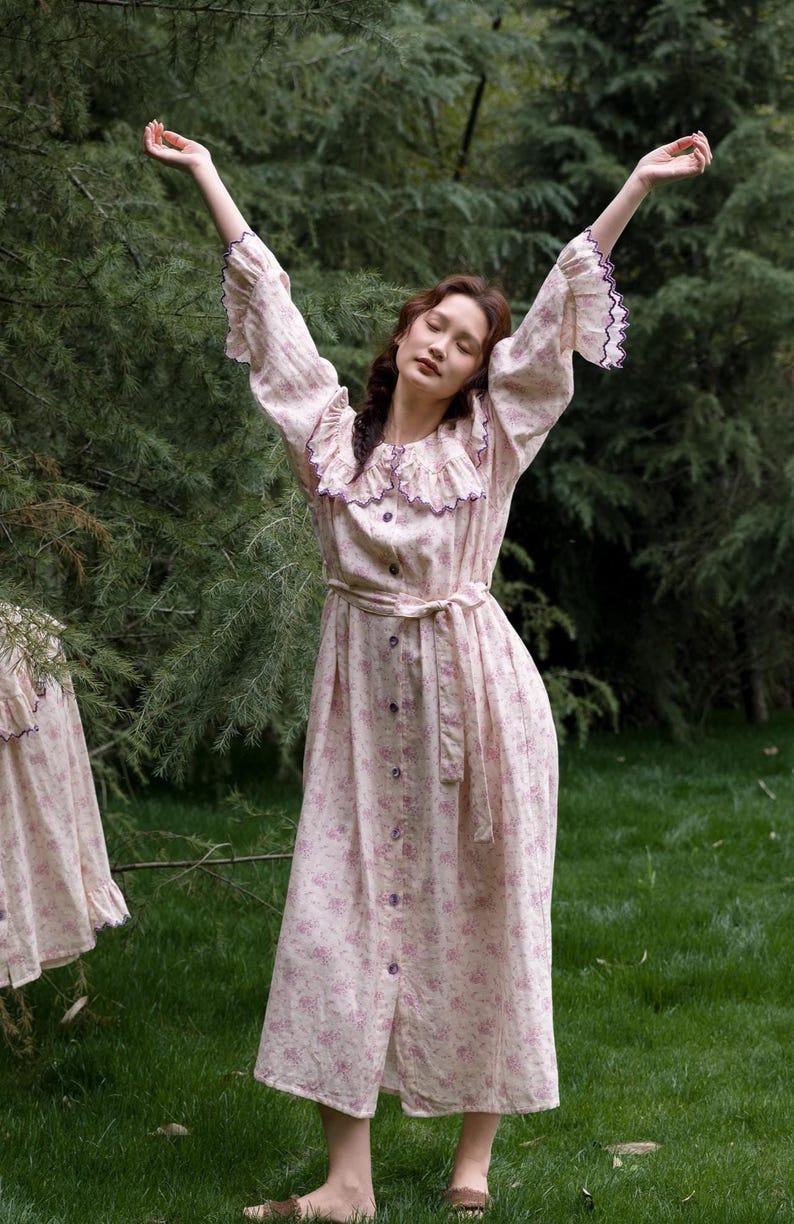 Vintage Style Pajamas for Women Floral Bamboo Cotton Loungewear Nightdress or Pants Set Ruffle Collar Loose Fit Maxi Dress for Spring image 7
