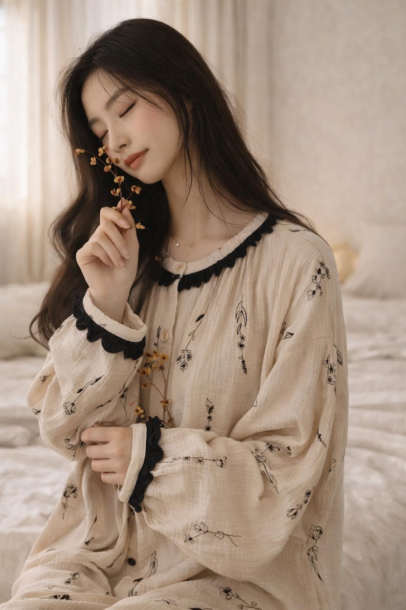 May include: Beige pajama set with black floral print. The long-sleeved top has a black lace trim on the collar and cuffs. The fabric appears soft and comfortable, suitable for sleepwear. The set is button-down.