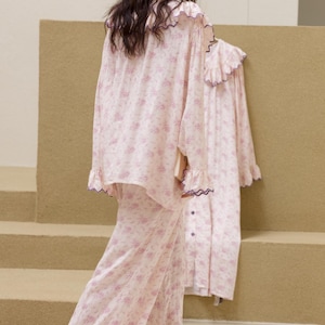 Vintage Style Pajamas for Women Floral Bamboo Cotton Loungewear Nightdress or Pants Set Ruffle Collar Loose Fit Maxi Dress for Spring image 11