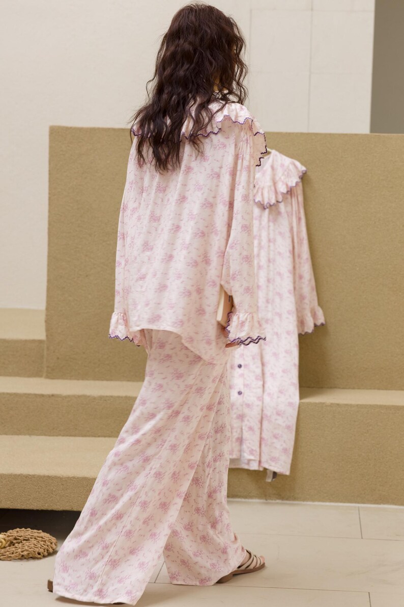 Vintage Style Pajamas for Women Floral Bamboo Cotton Loungewear Nightdress or Pants Set Ruffle Collar Loose Fit Maxi Dress for Spring image 11