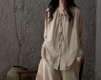 Organic Cotton Pyjamas Set for Women – Zen Loungewear, Soft Breathable Lounge Set, Loose Fit Natural Sleepwear, Minimalist Home Wear