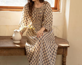 Vestido de descanso vintage de algodón con estampado floral para mujer, suave y transpirable, estilo cottagecore, maxi vestido de verano de corte relajado, ropa de estar por casa de estilo japonés.