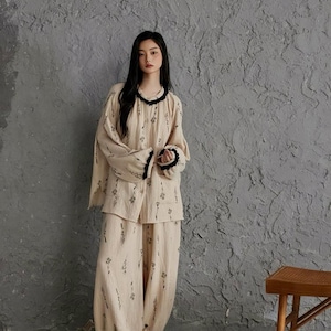 Gauze Cotton Pajama Set Women Soft Breathable Cotton Loungewear Set Lightweight Sleepwear Loose Fit Lounge Set Beige