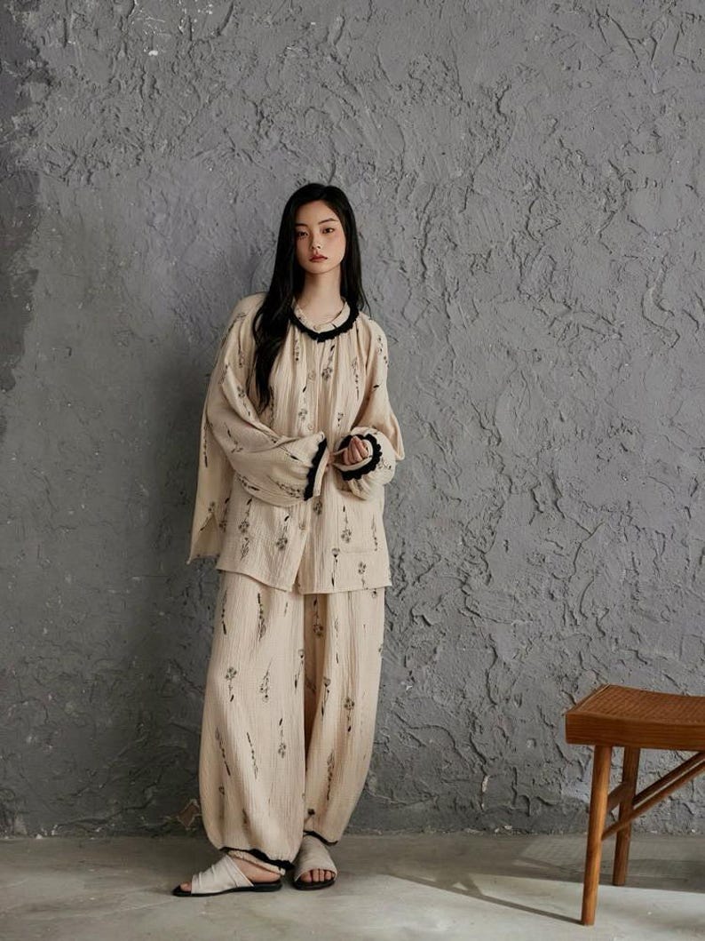 Gauze Cotton Pajama Set Women Soft Breathable Cotton Loungewear Set Lightweight Sleepwear Loose Fit Lounge Set Beige