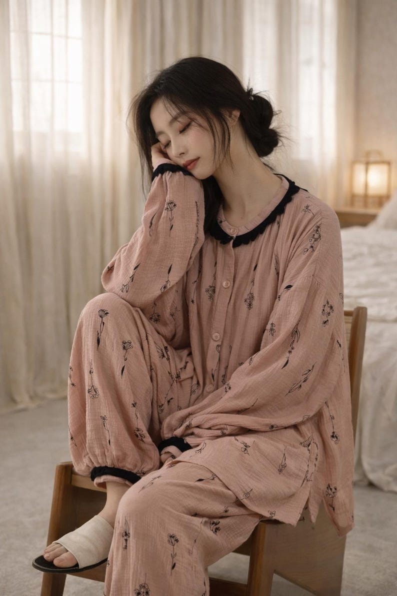 May include: A light pink pajama set with a floral pattern. The long-sleeved top and pants have black trim and buttons. The model is wearing the pajama set while sitting on a wooden chair.