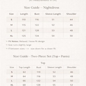 May include: A size guide for nightdresses and two-piece sets, with measurements in centimeters. The guide includes sizes S, M, L, and XL, detailing length, bust, sleeve length, and shoulder measurements. Fit notes indicate a relaxed fit.