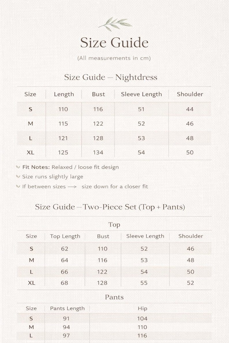 May include: A size guide for nightdresses and two-piece sets, with measurements in centimeters. The guide includes sizes S, M, L, and XL, detailing length, bust, sleeve length, and shoulder measurements. Fit notes indicate a relaxed fit.