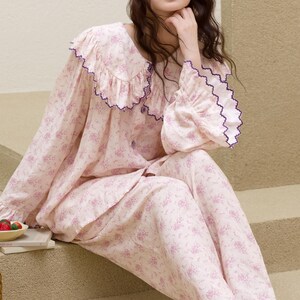 Vintage Style Pajamas for Women Floral Bamboo Cotton Loungewear Nightdress or Pants Set Ruffle Collar Loose Fit Maxi Dress for Spring image 10