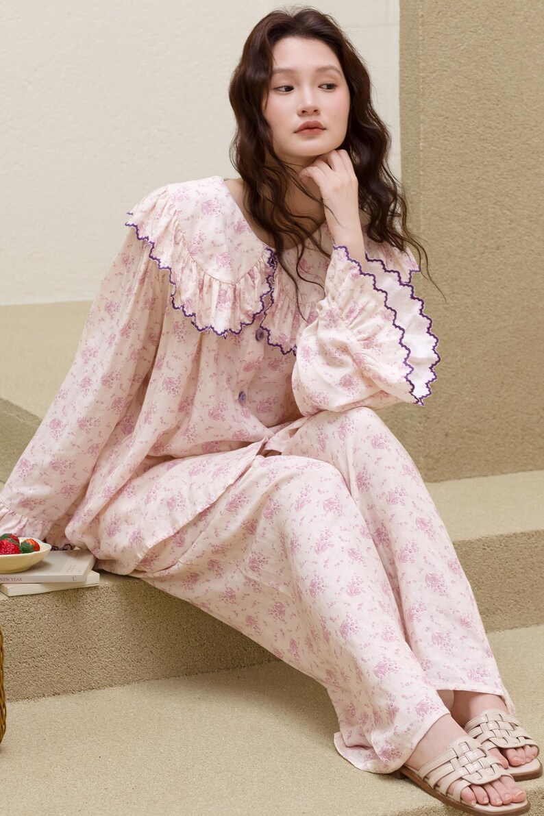 Vintage Style Pajamas for Women Floral Bamboo Cotton Loungewear Nightdress or Pants Set Ruffle Collar Loose Fit Maxi Dress for Spring image 10