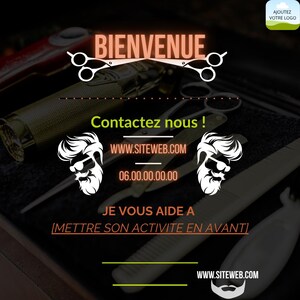 May include: A promotional image for a barbershop, featuring the text "BIENVENUE" and "Contactez nous!". The image includes barber tools like scissors and clippers, along with the website address and phone number. A logo is also present.